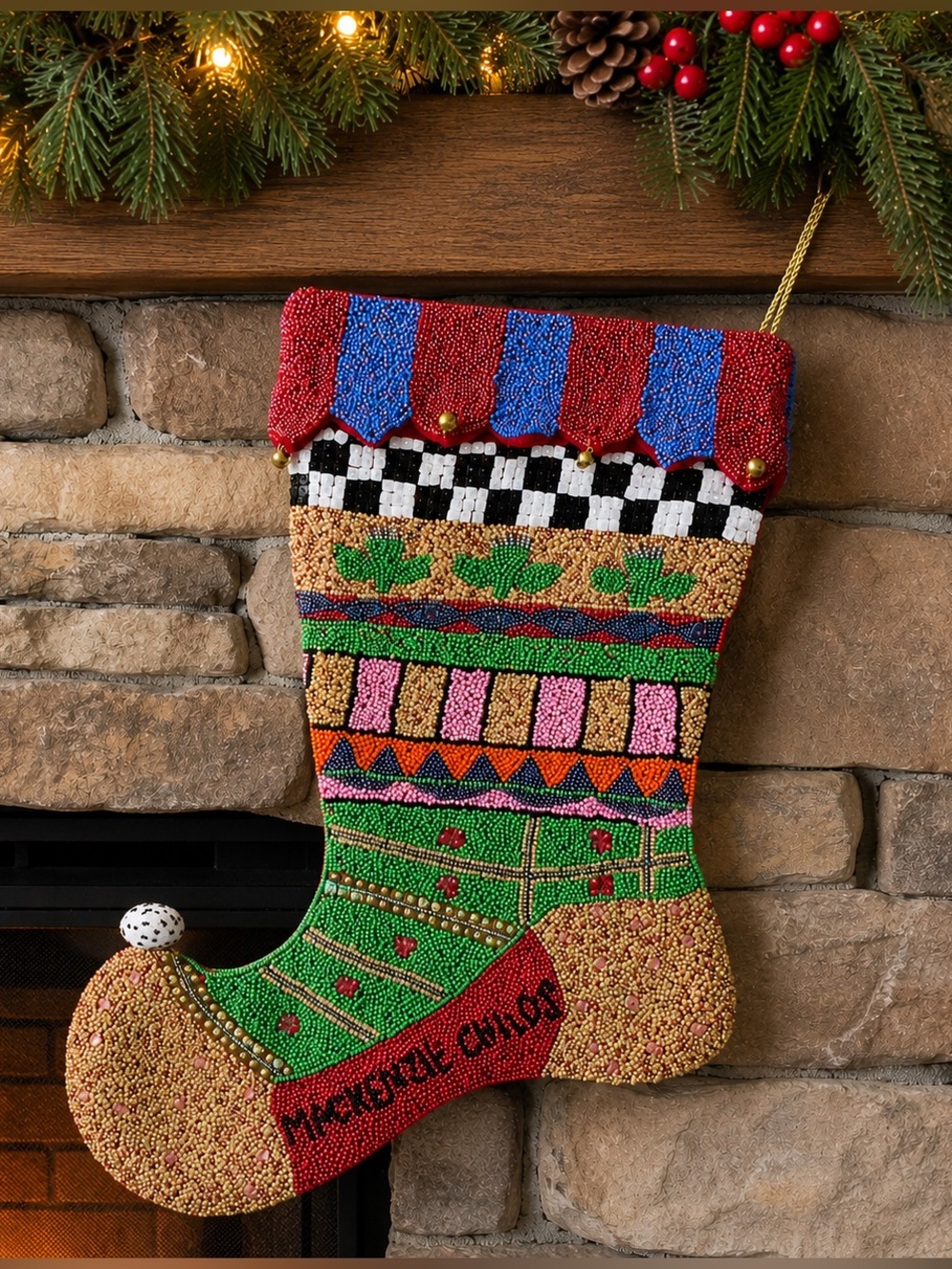 Mackenzie-Childs Christmas Stocking Beaded Courtly Check Holiday Decor Retired